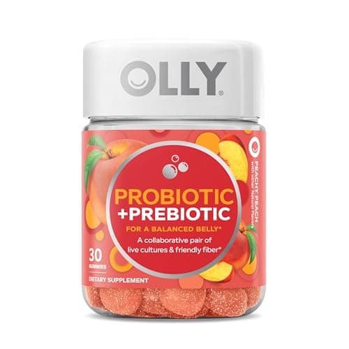 OLLY Probiotic + Prebiotic Gummy, Digestive Support and Gut Health, 500 Million CFUs, Fiber, Adult Chewable Supplement for Men and Women, Peach, 30 Day Supply - 30 Count