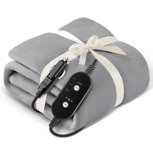 Sino Salected 12V/24V Heated Car Blanket, Electric Blanket Flannel Heating Throw for Car, SUV, RV, Camping, 60" x 44", Hi/M/Lo Heating Settings, Auto-Off Timer,Grey