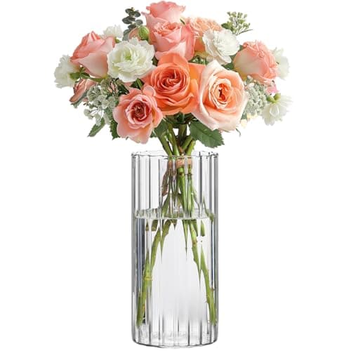 ComSaf Glass Cylinder Vases, Bud Vase for Centerpieces, 8 Inch Tall Ribbed Vase Hurricane Floating Candle Holder, Decorative Flower Vases for Wedding Reception, Home Decor, Housewarming Gift (Clear)