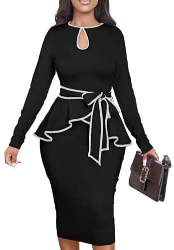 Women Dress Elegant Peplum Business Dresses Sexy Split Long Sleeve Bodycon Knee Length Formal Pencil Back Zipper Dress(Black,L)