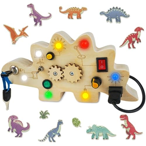 SUPKIZ Toddler Busy Board, Montessori Toys for 1-3 + Year Old Baby, Wooden Busy Board with Led Light, Dinosaur Toddler Toys Sensory Toys Travel Toys for Age 1 2 3 + Boy Girl Birthday Gift