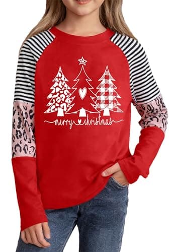 Girls Christmas Shirt Kids Buffalo Plaid Xmas Tree T Shirt Size 9-10 Merry Christmas Long Sleeve Tops Red2