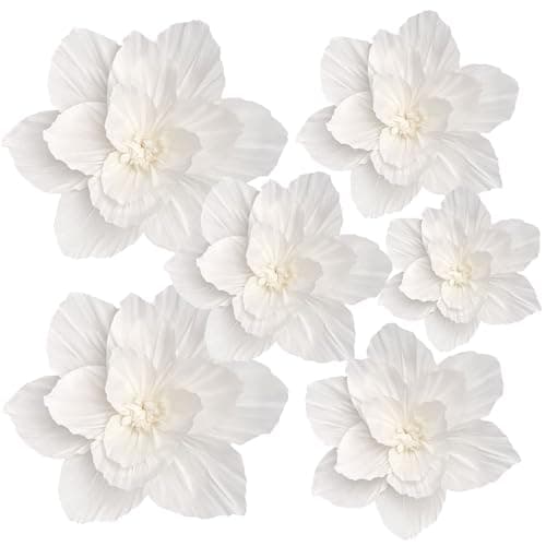 Erastom 6PCS Paper Flowers Artificial Wall Decor 3D Tissue Paper Flowers Wedding Birthday Room Decor White Ivory Bridal Baby Shower Nursery Room Backdrop Table Centerpieces Party Decorations