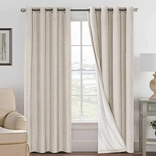 H.VERSAILTEX Linen 100% Blackout Curtains for Bedroom Full Light Blocking Curtains, Textured Window Curtain for Living Room 84 inch Grommet, Energy Efficient Curtains White Liner(2 Panels, Natural)