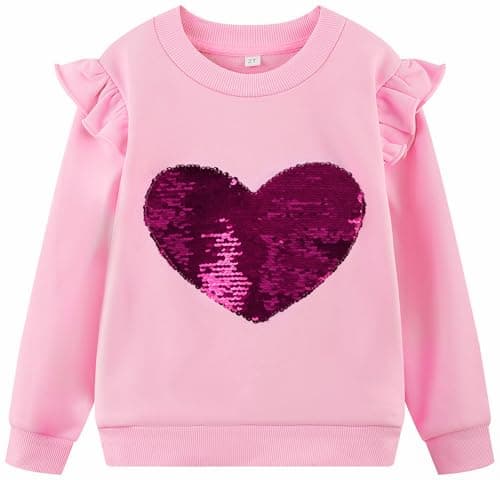 RETSUGO Girls Heart Sequin Sweatshirt 5t, Pink Valentines Top with Ruffle Sleeve, Toddler Girls Sweatshirts for Casual Wear