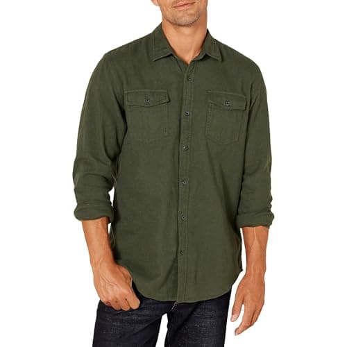 Amazon Essentials Men's Regular-Fit Long-Sleeve Two-Pocket Flannel Shirt, Olive Heather, Large