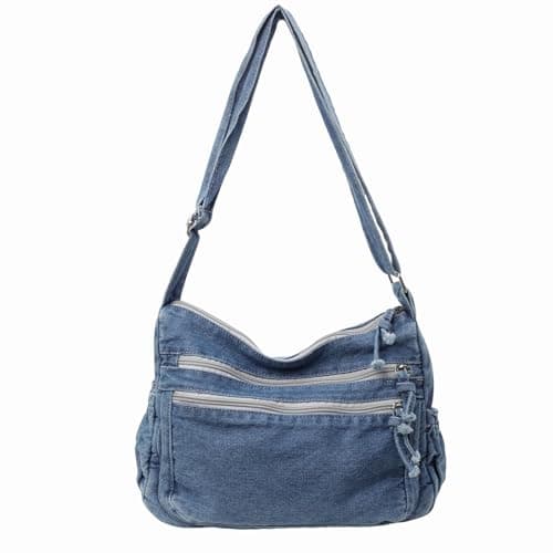 Large Denim Purses for Women Denim Tote Bag Casual Retro Crossbody Lightweight Shoulder Bag Canvas Handbags, Light Blue