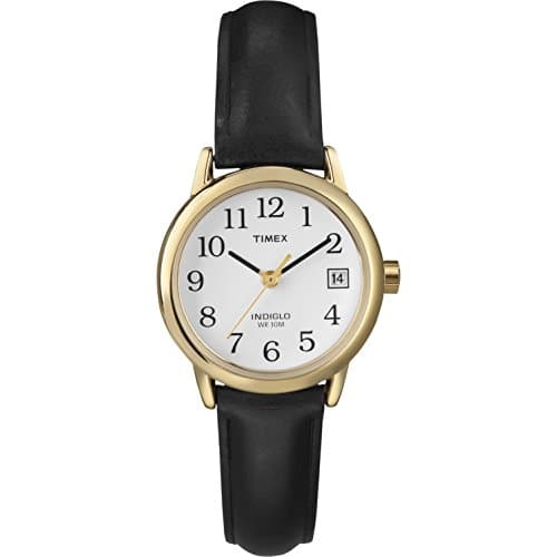 Timex Women's Easy Reader 25mm Watch – Gold-Tone Case White Dial and Date with Black Leather Strap