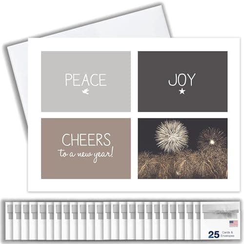 New Years Cards for Business & Family (Peace Joy & Cheers) Bulk Greeting Card Set Pack of 25 Happy New Year Cards with Envelopes for 2025 (5x7 inch A7) Great for Office, Work Employees & Clients N1502