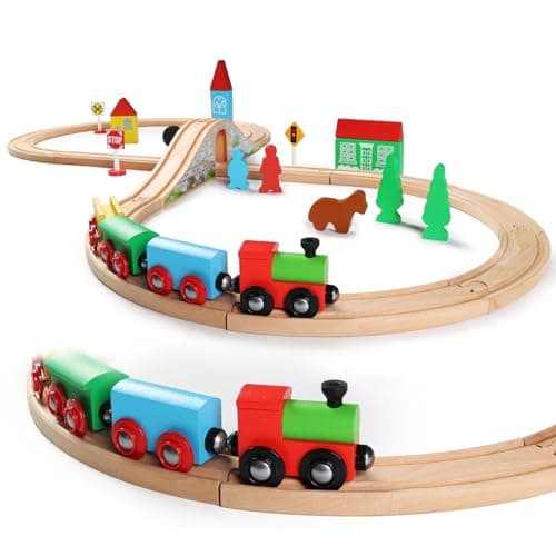 SainSmart Jr. Wooden Train Set for Toddler with Double-Side Train Tracks Fits Brio, Thomas, Melissa and Doug, Kids Wood Toy Train for 3,4,5 Year old Boys and Girls