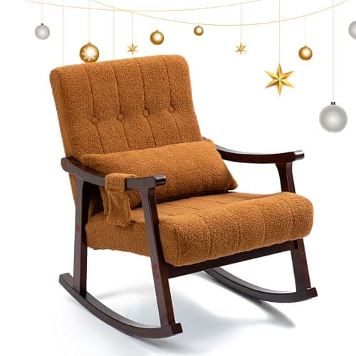 AVAWING Teddy Upholstered Rocking Chair, Small Glider Rocker with 2-Point Massage Lumbar Pillow and Solid Wood Legs, for Nursery and Living Room, Brown