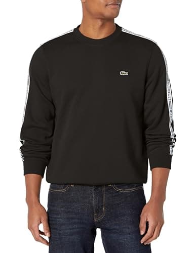 Lacoste Men's Men’s Classic Fit Logo Stripe Flannel Sweatshirt, NOIR, Large