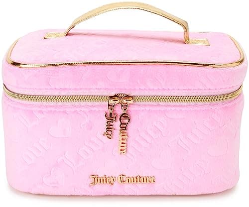 Juicy Couture Pink Makeup Bag Cosmetics Organizer Travel Essentials Train Case Velour Heart Logo