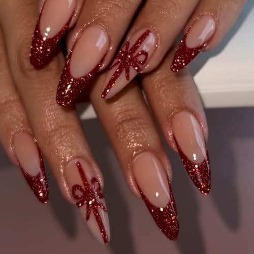 24 Pcs Christmas Press on Nails Long Stiletto Red French Tip with Glitter Design Almond Fake Nails Full Cover Glossy Red Bow Pattern False Nails Artificial Acrylic Stick on Nail for Women