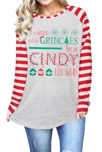 MNLYBABY Be A Cindy Lou Who T-Shirt Tee Christmas Raglan Long Sleeve Tops Splicing Baseball Tees Shirt for Women Red Grey