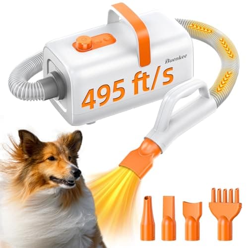 buenkee Dog Blow Dryer for Pet Grooming - Maximum 495ft/s High Velocity Pet Blow Dryer with Cool-Warm-Hot Cycle Mode, Adjustable Temp & Speed, Dog Dryer with 4 Nozzles and Up to 6.56ft Flexible Hose