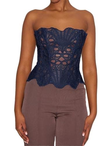 Alyweatry Women Lace Floral Corset Top Strapless Sexy Textured Semi-Sheer Floral Lace-Up Going Out Bustier Top (Navy Blue, S)
