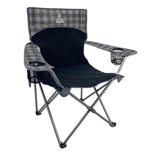 Venture Forward Quilted Quad Camping Chair with Carry Bag – Padded Folding Outdoor Chair with Armrests & Built-in Cup Holder for Camping, Tailgating, RV & Outdoor Events