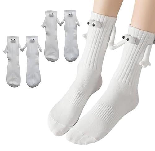 Smilelife 2 Pairs Magnetic Holding Hands Socks Funny Gifts For Couples, Anniversary, Best Friends, Engagements, Teens (White)