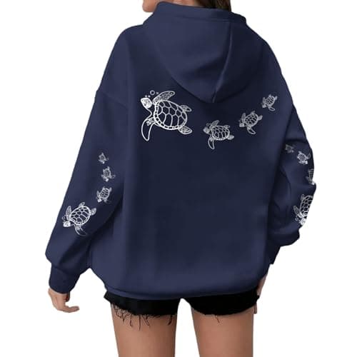 Lubpow Cute Sea Turtle Hoodies for Women Oversized Ocean Hoodie Aesthetic Graphic Sweatshirts Casual Fleece Pullover Tops(Navy Blue,2XL)