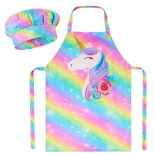 MHJY Kids Apron and Chef Hat Set, Child Aprons for Cooking Baking Painting Cute Toddler Girls Apron with Pockets 3-12 Years