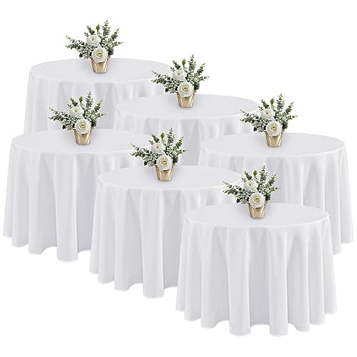 Fitable 6 Pack White Round Tablecloths - 120 Inches in Diameter - Stain Resistant and Washable Table Clothes, Polyester Fabric Table Covers for Wedding, Party, Banquet, Formal Events