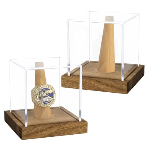 2 Pack Clear Acrylic Championship Ring Display Case with Wood Base Memorabilia Stand Cube Holder Dust Protection Transparent Storage Box for Sports Baseball Basketball Fan Souvenir Protection Supplies