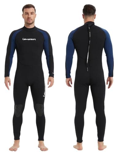 Lemorecn Wetsuit Men 3/2mm Back Zip Full Wetsuits Black Blue(3031blackblue-L)