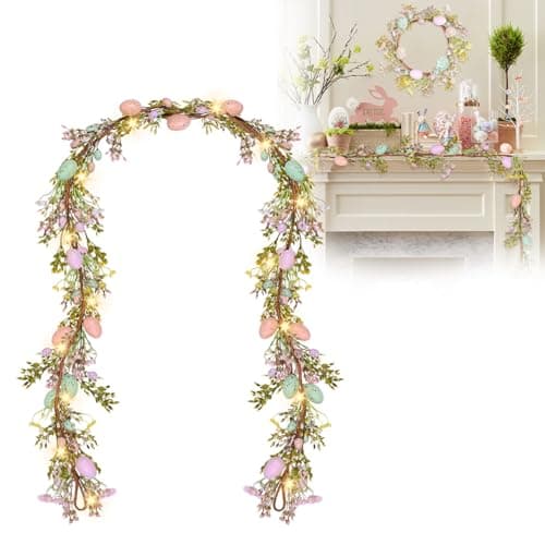 Easter Egg Garland with Light,6ft Artificial Garlands Easter Decorations Spring Garland for Mantle Front Door Kitchen Fireplace Wall Window Indoor Outdoor Home