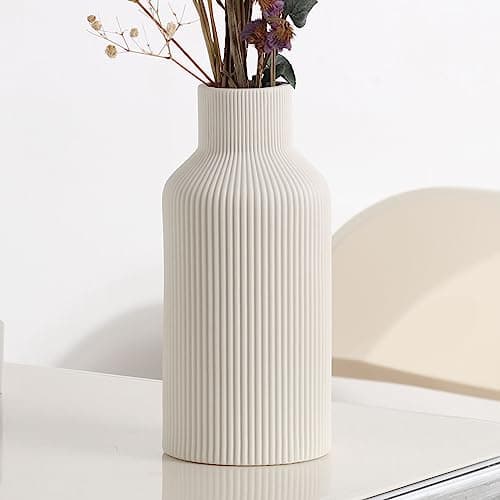 White Ceramic Flower Vase, Minimalist Modern Home Decor, Small Pampas Grass Vases for Table, Shelf Bookshelf, Mantel, Entryway and Centerpieces (8 in)