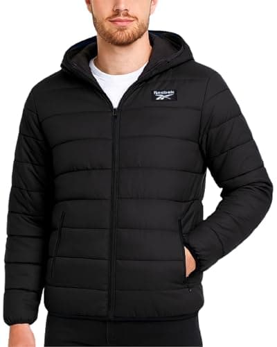 Reebok Mens Puffer Jacket - Lightweight Quilted Glacier Shield Plus Size Puffer Jackets for Men - Insulated Mens Winter Coats, Size Large, Solid Black