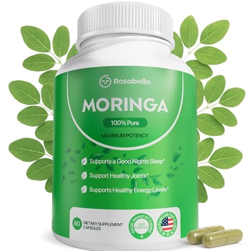 Rosabella Moringa Capsules - Pure Moringa Powder, Energy, Skin, Immune & Gut Health Superfood, Rich in Antioxidants, Essential Vitamins & Amino Acids, Natural Green Superfood Supplement - 60 Count