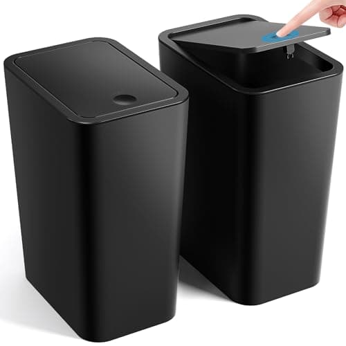 ITCPRL Bathroom Trash Can with Lid, 2 Pack 4 Gallons/15 Liters Garbage Can with Pop-Up Lid, Small Plastic Trash Can, Slim Trash Bin Waste Basket for Bathroom, Bedroom, Office, Living Room(Black)