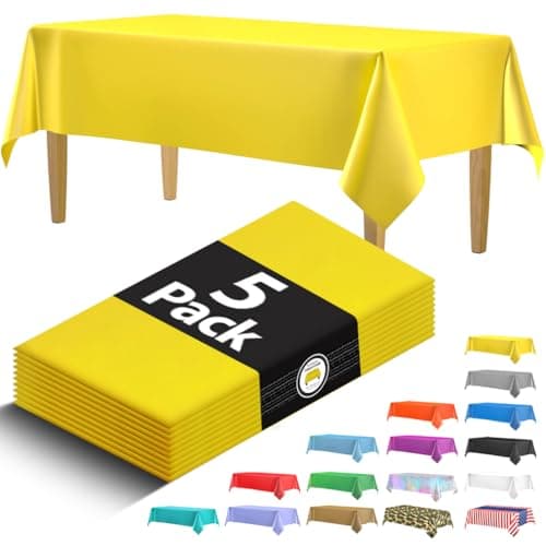 5 Pack Premium Yellow Plastic Tablecloth - 108 x 54 in. Disposable Rectangle Plastic Table Cloth - Decorative Rectangle Table Cover Smooth Tablecloth - Disposable Table Cloths For Parties, Weddings.