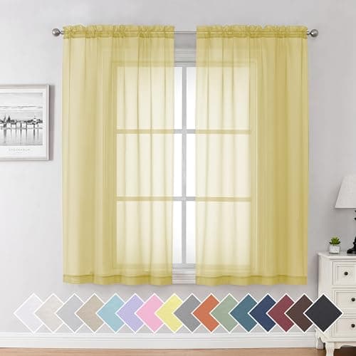 Aiyufeng Yellow Sheer Curtains 63 Inches Long 2 Panels Set, Semi Transparent Voile Rod Pocket Sheer Window Drapes for Bedroom Bed Canopy Living Room Dining Wedding Party Backdrop, 40W x 63L inch