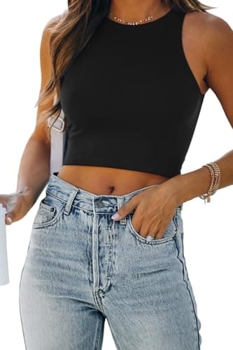 EFAN Womens Sexy Sleeveless Double Lined Crop Tops Workout Cute Tight Racerback Tank Tops Summer Clothes Teen Girls 2025 Black S