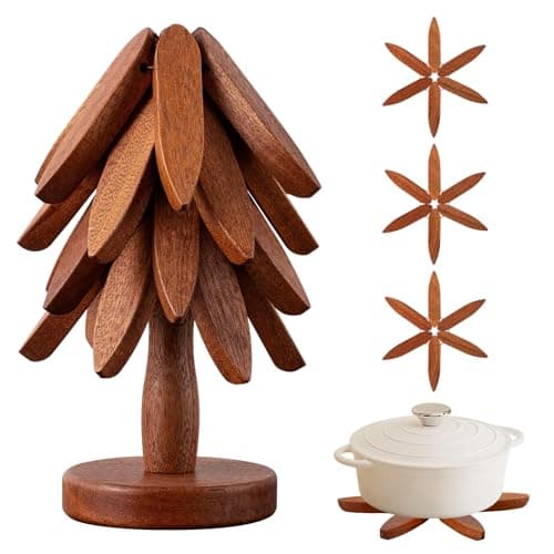 Vertdens Wooden Trivets for Hot Dishes， Tree Shape Trivet Set，Hot Dish Coaster with Tree-Shaped Wood Collapsible Hot Pad Trivet Tree for Restaurant，4 Wooden Trivet + 1 Stand（Walnut Wood）