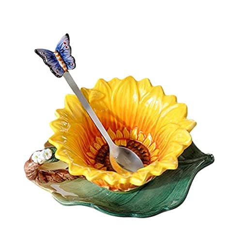 FORLONG Ceramic Coffee Mug and Saucer set with Spoon,3D Handmade and Hand-painted Sunflower and Leaf Design Tea Mug, Birthday Gifts for Women- 6oz