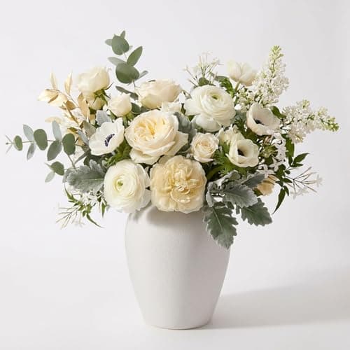 DN DECONATION Flower Vase, White Ceramic Vases for Home Decor, 7.4” Textured Surface Vase for Bouquet, Boho Farmhouse Decor for Table, Living Room Wedding Women Spring Aesthetic