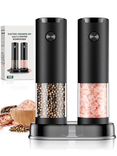 Electric Salt and Pepper Grinder Set Automatic Battery Pepper Mill Shakers Adjustable Coarseness Easy Filling Upgraded Larger Capacity with Led (2 Pack Black/Black）