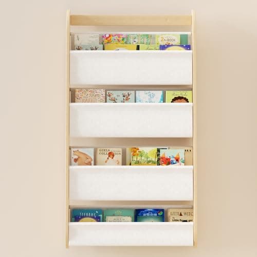 EXPERLAM Natural Solid Wood Kids Bookshelf - Wall Mounted Bookshelf for Kids, 4-Tier Book Shelf Organizer for Books and Toys, Book Shelf for Kids Rooms, Playroom, Nursery