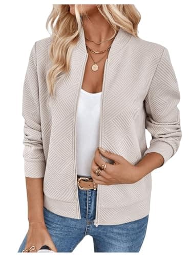 Verdusa Women's Zip Up Bomber Jacket Casual Long Sleeve Textured Lightweight Coat Fall Outfits Khaki Small