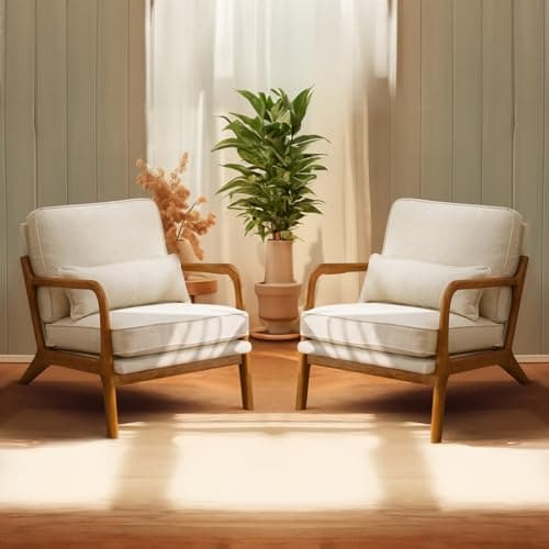 Bonnlo Beige Accent Chairs Set of 2, Upholstered Mid Century Modern Lounge Fabric Chairs Reading Chairs Side Sitting Chair Solid Wood Farmhouse Armchairs for Living Room, Bedroom, Guest Room