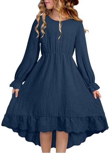 blibean Tween Girls Fall Dresses Kids Girl Long Sleeve High Low Dress Spring Cute Cotton Semi Formal Party Wedding Holiday Outfits Vestido Niña Size 10-11 Year Old Navy Blue