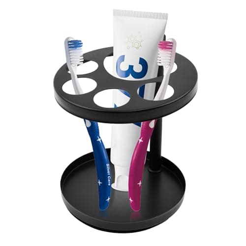 Stainless Steel Toothbrush Holder, Metal Toothbrush Holder Stand for Bathroom with Slots Modern Design for Electric Toothbrushes, Toothpaste, Razors & Small Comb(Color:Black)
