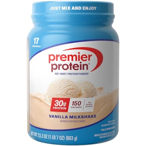 Premier Protein Powder, Vanilla Milkshake, 30g Protein, 1g Sugar, 100% Whey Protein, Keto Friendly, No Soy, Gluten Free, 23.3 oz, 17 Servings (Packaging May Vary)