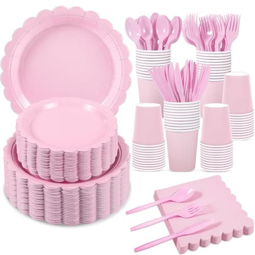 Xiangqu 350 Pcs Pink Paper Plates and Napkins, Easter Plates Light Pink Party Supplies Include Pink Scalloped Plates Napkins Cups Plastic Spoons Forks Knives for Baby Shower, Wedding, Birthday