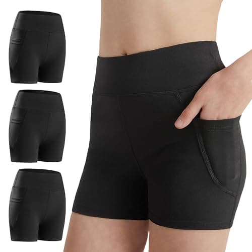 DIPUG Girls Volleyball Shorts 3 Pack with Pockets Kids High Waist Biker Shorts for Dance Yoga Cheer Gymnastics 10-12 Black