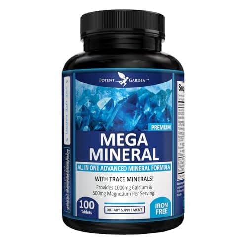 Potent Garden Mega Mineral Supplement Complete Mineral Complex with Calcium Magnesium Zinc Potassium Boron Selenium Chromium & 72 Trace Minerals Iron Free Calcium Supplement -100 Pills