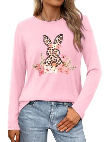 FCGHSII Easter Shirts for Women: Bunny Rabbit Graphic T-Shirts Easter Day Long Sleeve Tee Tops